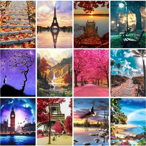 Diamond embroidery lakeside scenery 5D DIY diamond painting rhinestone full diamond cross stitch decorative landscape decor Sale