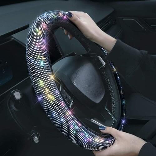 Car Rhinestones Steering Wheel Cover With Crystal Diamond Sparkling Car Suv Steering Wheel Protector Fit 14.5-15 Inch Vehicle