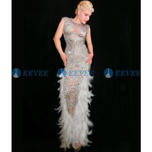 Sparkly Rhinestones Dress Feather Nude Sexy Nightclub Full Stones Long Dress Costume Prom Birthday Celebrate Dresses