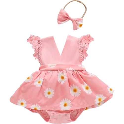 2020 Newborn Baby Girls Floral Bodysuit Dress Daisy Print Lace Ruffle Jumpsuit Headband 2Pcs Summer Clothes Set Sunsuit 0-24M