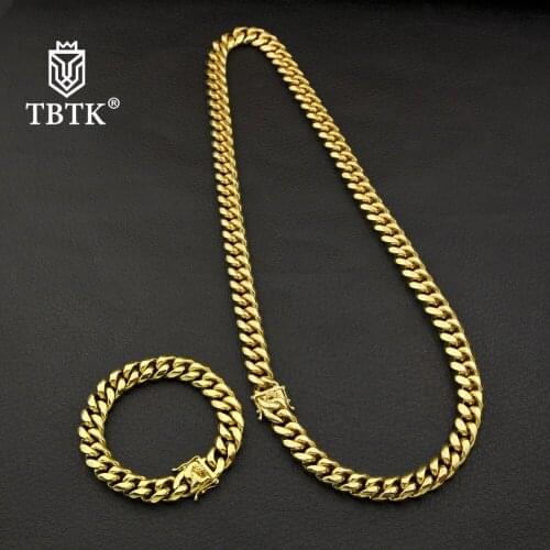 TBTK Three Widths 8mm&10mm&14mm Chain With Tongue Clasp Simple Style Heavy Necklace&Bracelet Gold Jewelry Sets Punk Man Gifts