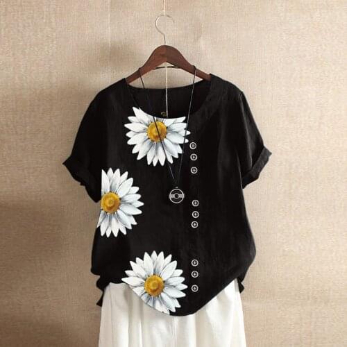 Daisy Floral Print Casual Fashion Loose women blouses O neck Short Sleeve Button Cotton Linen shirt Summer Plus Size Tops 3