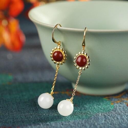 S925 sterling silver inlay and Tian Yunan red agate long earrings temperament simple round beads high-end earrings free shipping