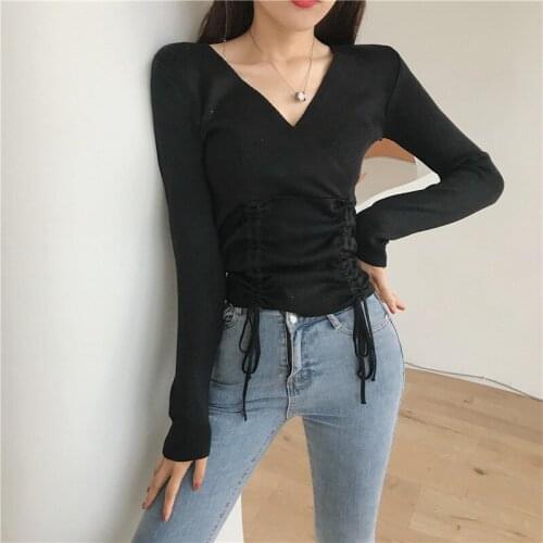 Womens V-neck Knitted Full Sleeve Solid Cropped Sweater Shirts Girls Sweaters Pullovers Jumpers Crop Tops for Female