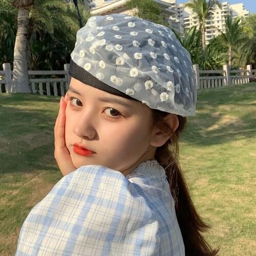 H5 Ins Japanese Daisy Beret Women Summer Thin Korean Fashion British Retro Mesh Painter Hat Sombrero Leather Beret Hat Craisy