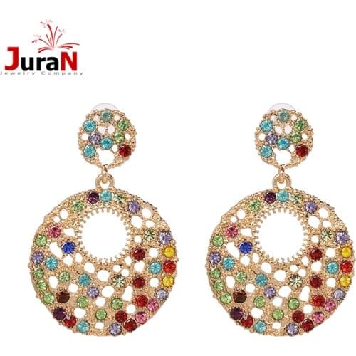 JURAN 2019 new arrival vintage colorful rhinestones statement Stud earrings ethnic jewelry big round crystal earrings Brincos