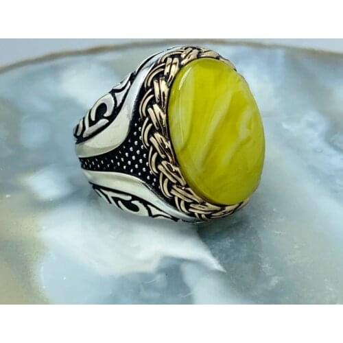 925K sterling silver Turkish Jewelry yellow agate mens ring all size , gift for him