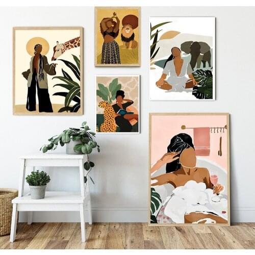 Fashion Woman Drinking Rose Champagne In Bubble Bath Canvas Painting Poster Prints Boho Africa Woman with Animal Picture Decor