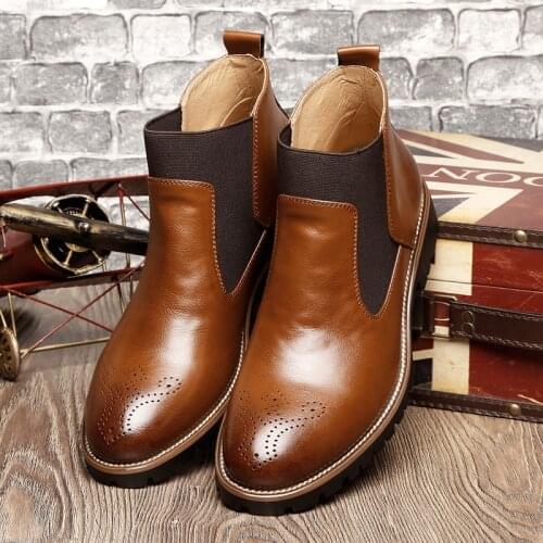 Men Chelsea Boots Slip-on Waterproof Ankle Boots Men Brogue Fashion Boots Microfiber Leather shoes Big Size 46