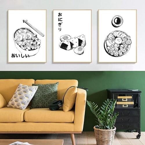 Japanese Cuisine Food Bento Egg Ramen Poster Nordic Black White Canvas Painting Nordic Wall Art Picture Kitchen Restaurant Decor