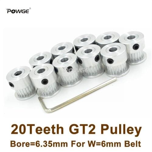 POWGE 10pcs 20 Teeth 2GT Timing Pulley Bore=6.35mm Fit Width=6mm 2GT Timing Belt 3D Printer Parts 20T 20Teeth GT2 Pulley