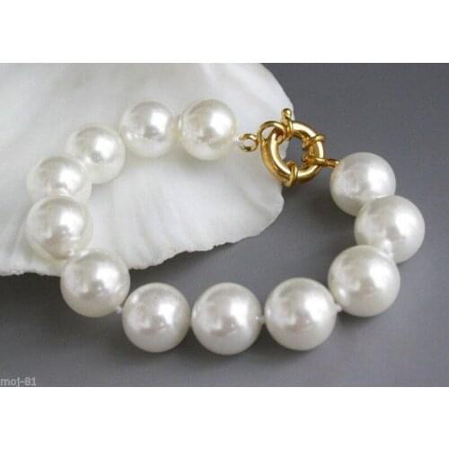 RARE 8" 14MM REAL ROUND WHITE SOUTH SEA SHELL PEARL BEAD BANGLE BRACELET Noble style 8 inch Genuine Lucky Ladys jewelry Fine W