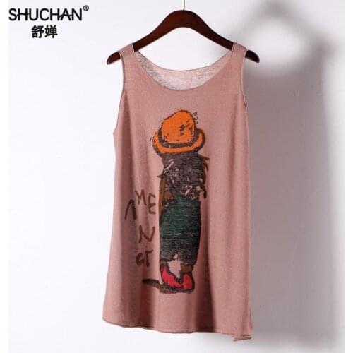 Shuchan 2019 Linen Thin Tank Tops Casual Character Print Summer Tops Vest High Quality Shirt Woman Blusa Manga Comprida Feminina
