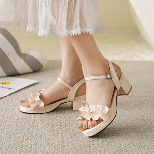 ZawsThia 2021 Summer Sweet Girls Shoes Open Toe Ruffles Design JK Lolita Open Toe Lady Platform Chunky Med Heels Sandals Women