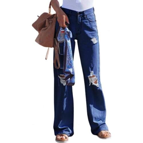 Vintage Broken Hole Women Jeans Washed Ripped Summer Autumn High Waist Straight Wide Leg Denim Pants Blue Jeans
