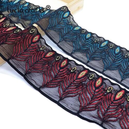 2yards/lot 8cm Peacock Feather Embroidered Lace Fabric Tulle Ribbon DIY Crafts Garment Doll Sewing Supplies Decoration R0204