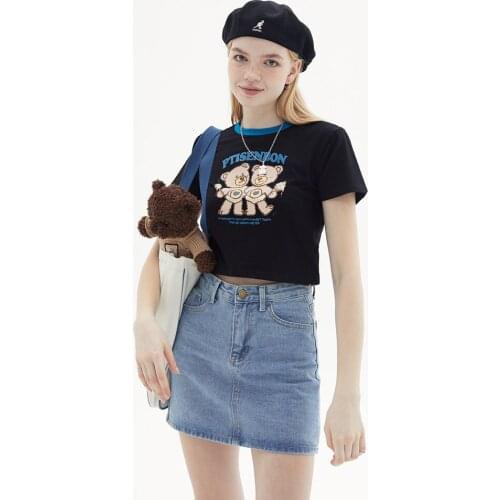 Womens Cotton T-shirt Crop Top Female T Shirt Short Sleeve Fashion Design Round Neck Slim bear Cartoon Summer Top