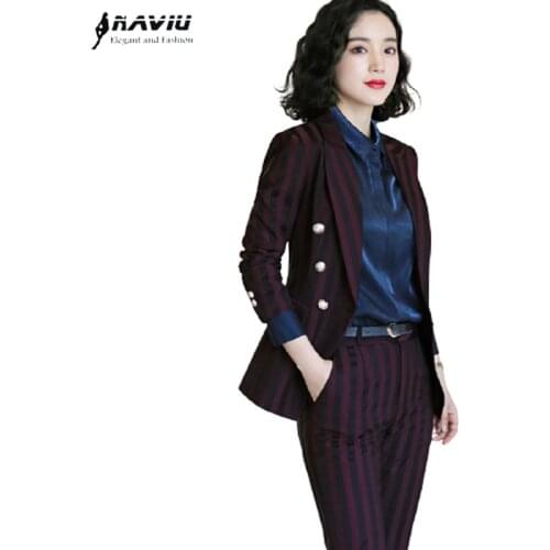 High End Stripe Suits Women Business Temperament Fashion New Spring Long Sleeve Slim Blazer And Pants Office Ladies Work Wear