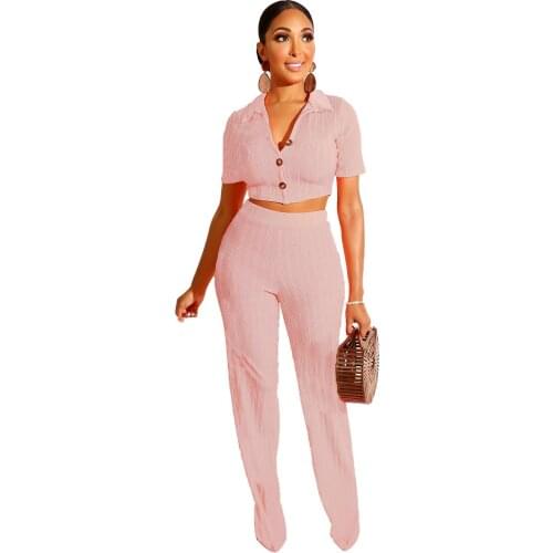 AHVIT Single Breasted Solid Color Casual Women Two Piece Set Short Sleeve Turn Down Collar Crop Top And Hight Waist Pant LL0277