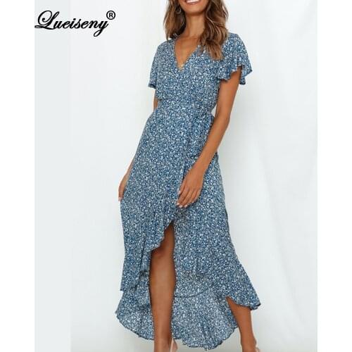 LUEISENY Long Maxi Dress Women Summer 2021 Casual Boho Floral Print Chiffon Beach Dress Sexy V-Neck Ruffles Bodycon Party Dress