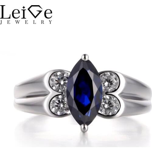 Leige Jewelry Blue Sapphire Ring Promise Ring Wedding Bands Marquise Cut Blue Gemstone Genuine 925 Sterling Silver Ring Gifts