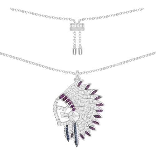 SLJELY Luxury 925 Sterling Silver Indian Chief Head Feather Necklace Cubic Zirconia Stones Women Fine May Fine Jewelry