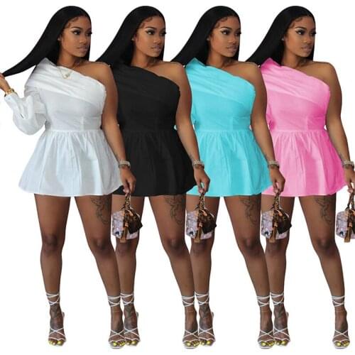 2021 Summer Fashion Women Solid Shirt Dress One Shoulder Single Long Sleeve Mini Dress Women Nightclub Party Bodycon S-XXL