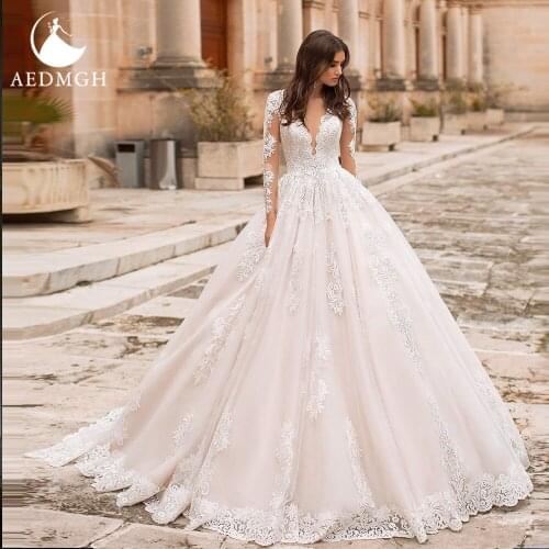 Aedmgh Ball Gown Wedding Dresses 2021 Sweetheart Long Sleeve Robe De Mariee Gorgeous Appliques Button Princess Vestido De Novia