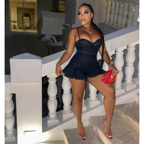 2021 Best Quality Famous Brand Denim Playsuits Solid Ruffles Spaghetti Strap Summer Sexy Bodycon Rompers