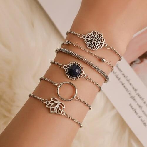 6 Pieces/Set Boho Ethnic Style Simple Lotus Flower Leaf Hollow Chain Circle Silver Plated Bracelets Set for Women