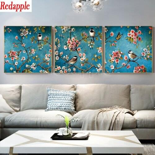 Abstract Art American Lucky Flower Bird diamond Painting Green diamond embroidery for Living Room Plant 3 pcs Decoration Home