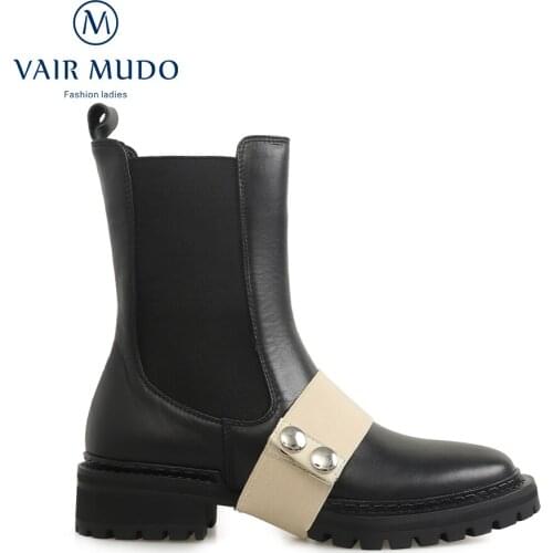 VAIR MUDO Ankle Boots Thick Heels Autumn Winter Round Toe Concise New Trend Style Sewing Boots Shoes Women Black WM-X135-C