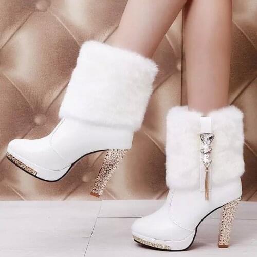 Womens Shoes Autumn Winter Short Boots Waterproof Platform High-heeled Thick-heeled Short Boots Rhinestone Decoration