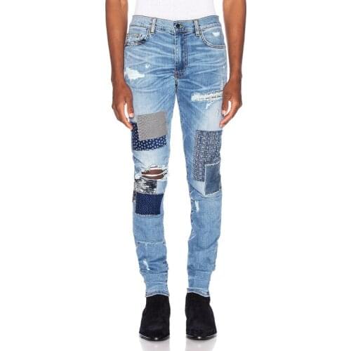 Men Jeans Blue Color Patchwork Skinny Fit Elastic Fashion Streetwear Ripped Jeans Men Punk Pants Destroyed Hip Hop Jeans Homme