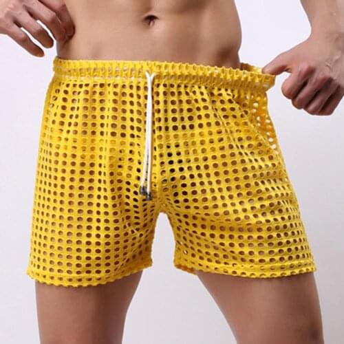 Erotic Men Solid Color Mesh See Through Hollow out Drawstring Shorts Beach Pants