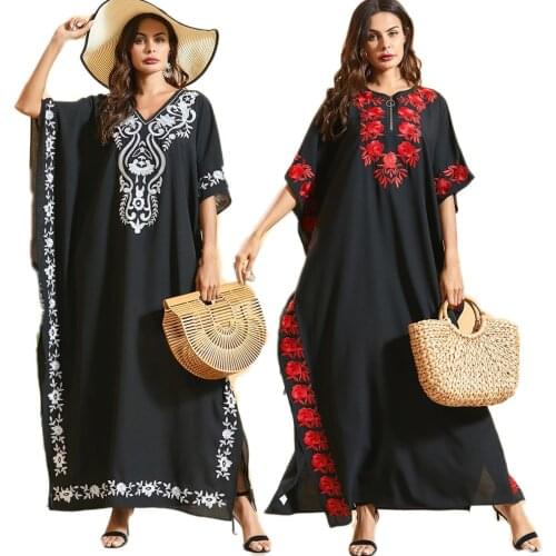 Kaftan Abaya Muslim Women Maxi Dress Embroidery Caftan Tunic Holiday Party Gown Loose Oversize Jilbab Robe Turkish Islamic Cloth
