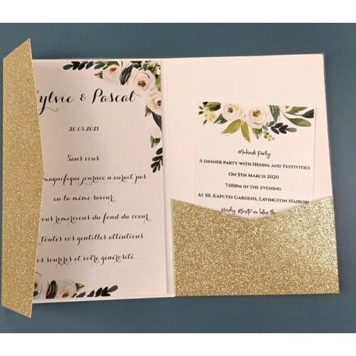 10X Pocket Champagne Glitter Shimmer Wedding Invitation Cards Trifold Card Greeting Invitations Favor Cover For Fifteen Bridal