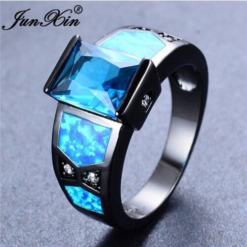 JUNXIN Square Blue White Fire Opal Rings For Men Women Black Gold Filled Purple Zircon Stone Birthstone Wedding Band Male Female