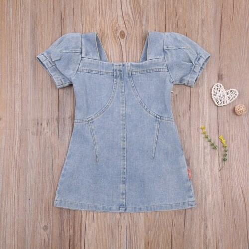 Summer Toddler Baby Girl A-Line Denim Dress Sweet Short Puff Sleeve Solid Color Loose Dress