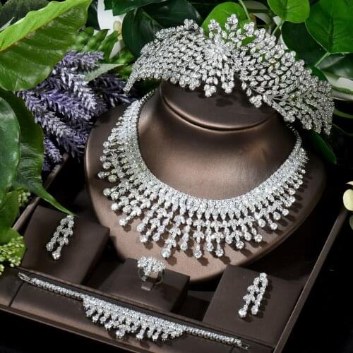 HIBRIDE Top Quality Women Wedding Bridal Jewelry Sets Long Tassel Pendientes Necklace Earring Sets 5pcs Charm Headdress N-1624