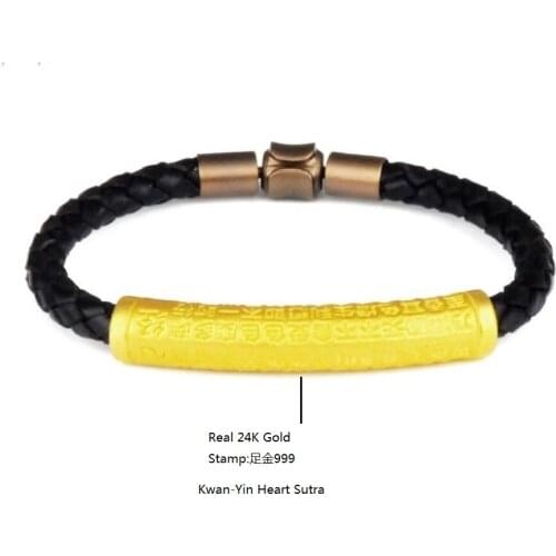 Genuine 24K Yellow Gold Kwan-Yin Heart Sutra Tube with Black Leather Bracelet Length from 5" to 15"