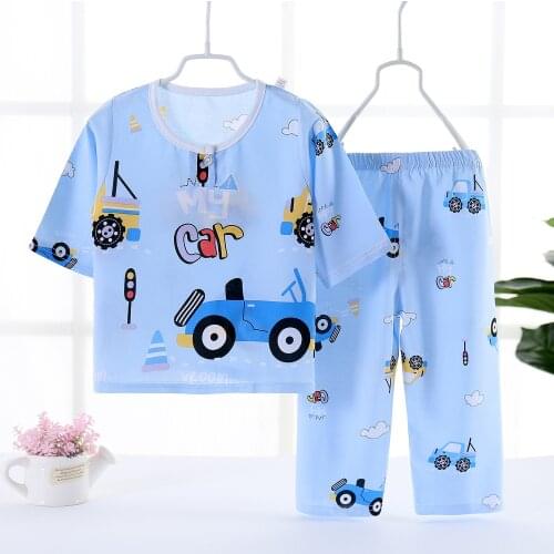 New 2021 Kids Boys Girls Summer Pajama Sets Poplin Long Sleeve O-Neck Cute T-Shirt Tops with Pants Toddler Sleeping Clothes Set