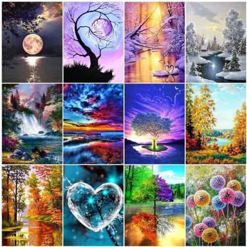 Landscape diamond painting full moon tree scenery mosaic art picture embroidery cross stitch stones picture puzzle wall decor