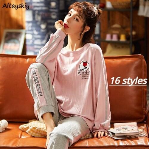 Pajama Sets Women Long Sleeve Spring Fashion Simple Newly Round Neck Kawaii Leisure Sleepwear Home Wear Daily Lounge Two Pieces