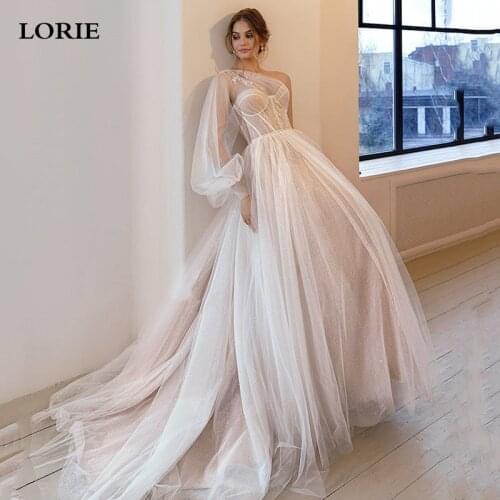 LORIE Shiny 2021 Beach Wedding Dresses A Line One Shoulder sexy Lace Wedding Gowns Vestidos De Novia Corset Boho Bride Dresses