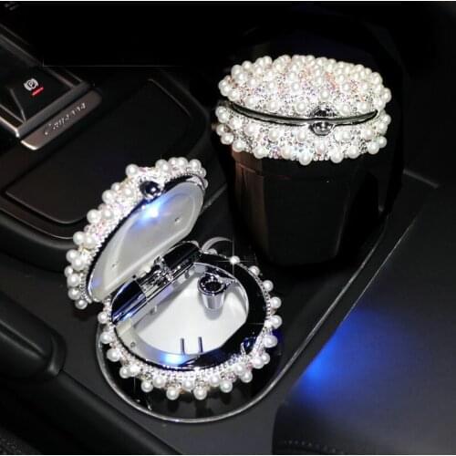 Rhinestone Portable Car Ashtray with Led Light Crystal Pearls Car Ash Tray Ashtray Storage Cup Holder for Girls Car Accessories