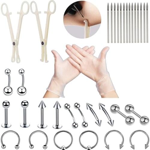 Professional Piercing Tool Kit Sterile Piercing Needles Clamp Belly Ring Tongue Tragus Nipple Lip Eyebrow Nose Ring Body Jewelry