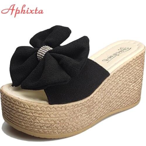 Aphixta 2020 Summer Crystals Appliques Bow 9cm Heels Platform Women Wedge Slippers Female Sandals Clog Shoes Slides Women