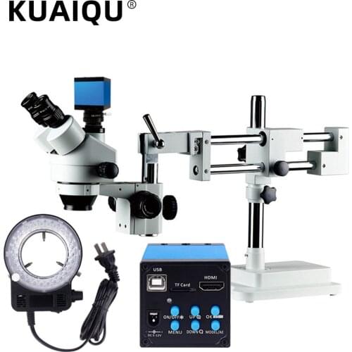 7X-45X Simul-Focal Double Boom Stand Trinocular Stereo Zoom Microscope 16MP HDMI Camera LED Ring Light Microscopio Microscopes