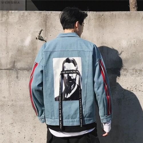 VERSMA 2018 Autumn Japanese Harajuku BF Ripped Denim Jacket Coat Men High Street Hip Hop Ribbon Patchwork Oversize Jackets Coats